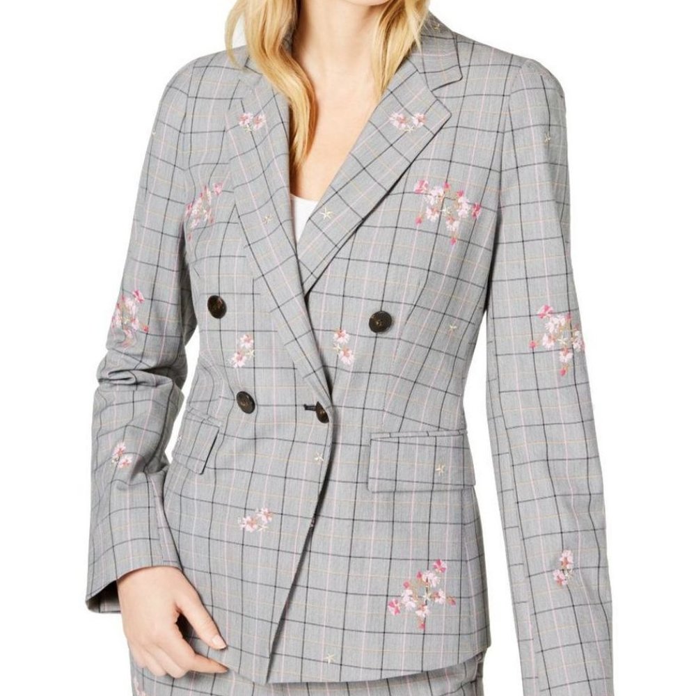 Marella Taiga Floral-Embroidered Plaid Jacket M